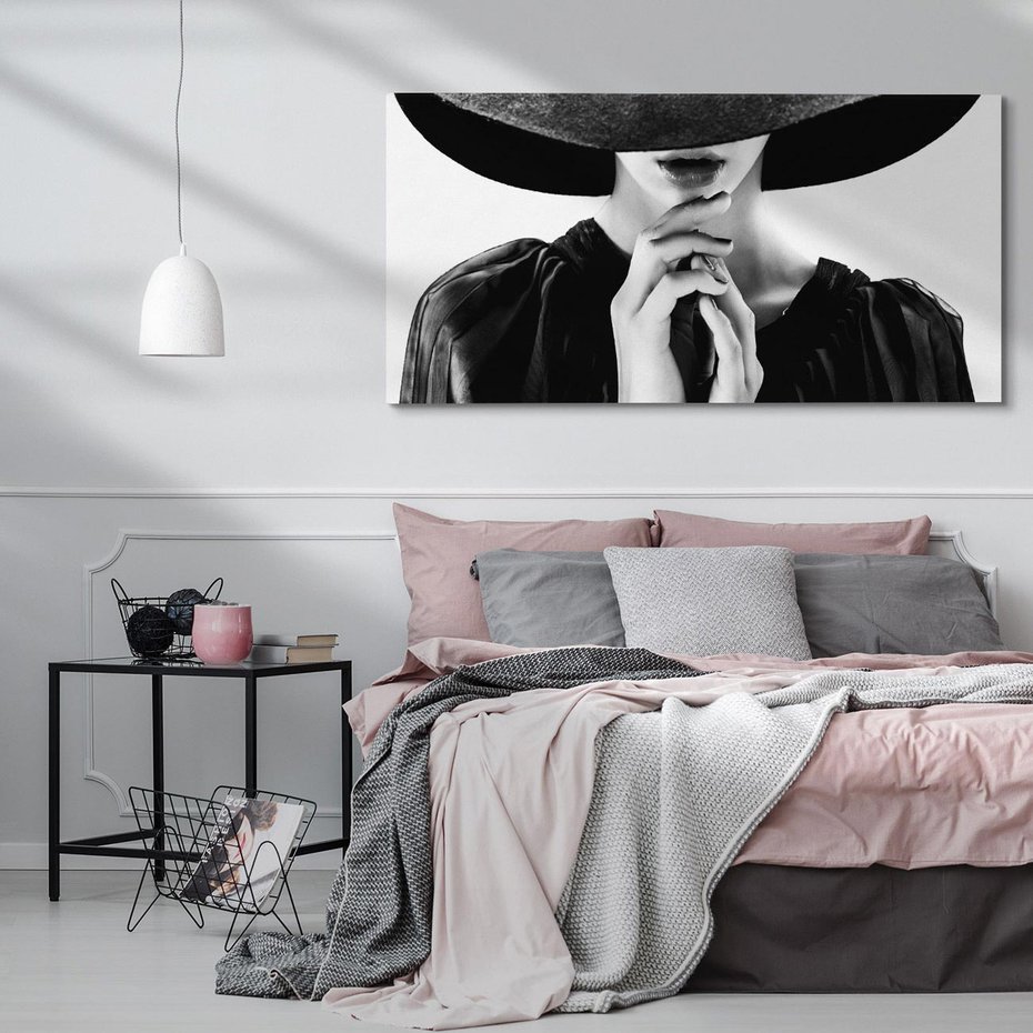 Obraz na płótnie 100x50 - Czarna Elegancja - fotografia czarno biała, zbliżenie portret kobiety w czerni