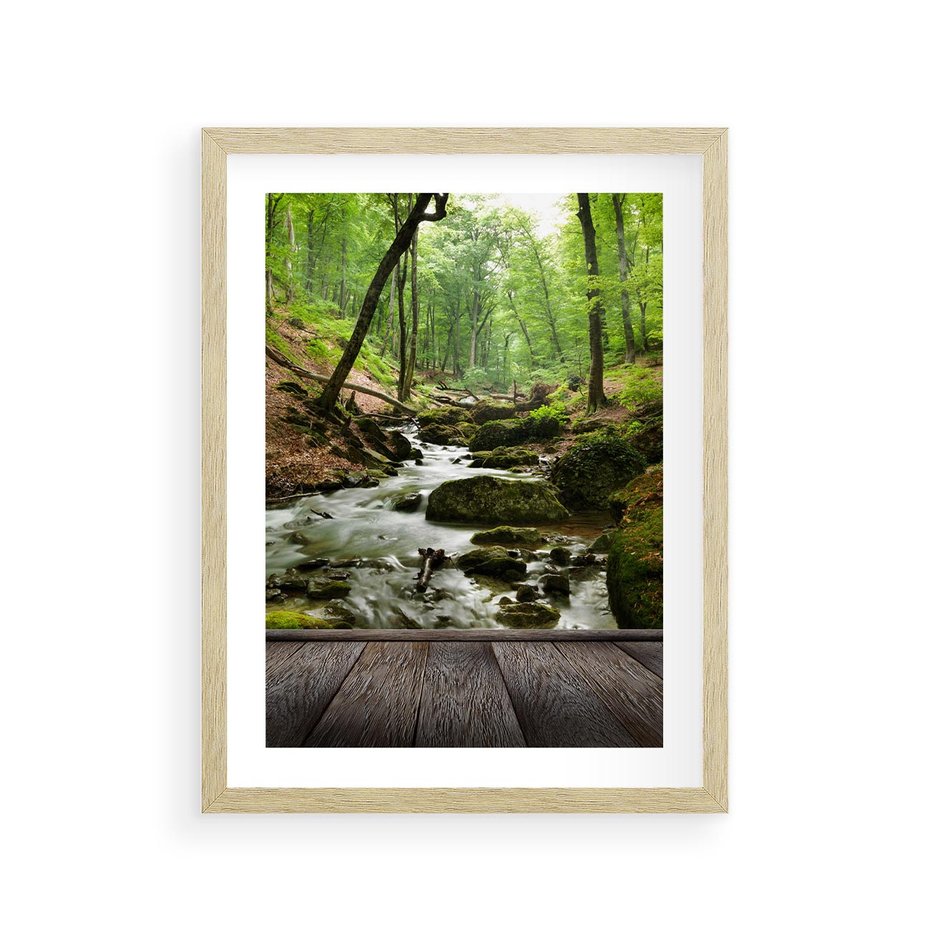 Plakat w ramie 30x40 - Strumyk w lesie - strumyk, w lesie - rama drewno