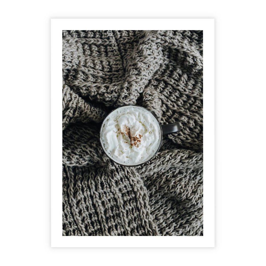 Plakat bez ramy 40x50 - Relaks z Kawą i Kocem - ciepły wełniany koc, kawa z bitą śmietaną