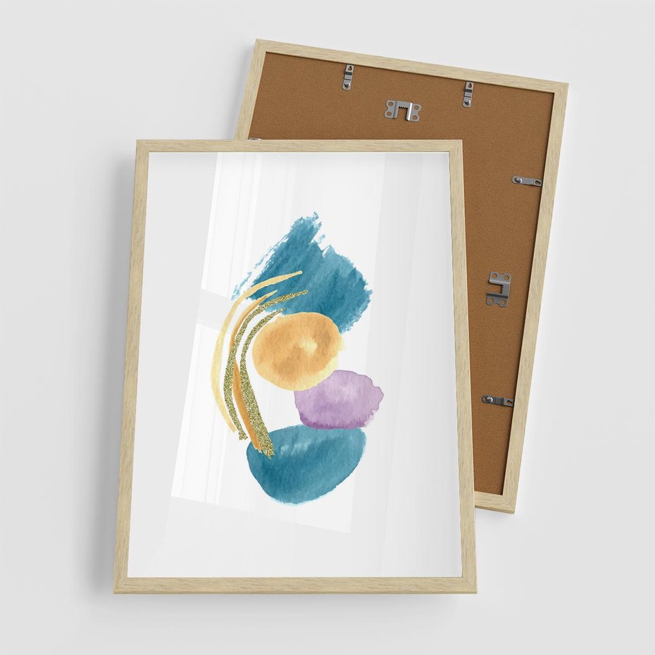 Plakat w ramie 50x70 - Migocące Barwy Akwarel - akwarelowe plamy w odcieniach błękitu, złote kreski - rama drewno