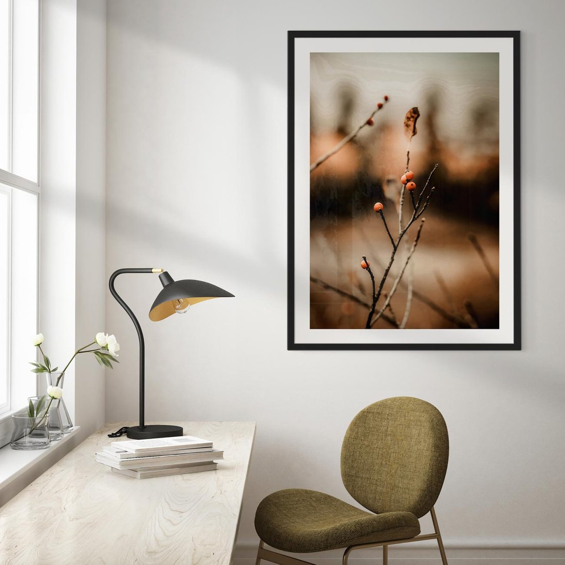 Plakat w ramie 40x50 - Jarzębina w Pejzażu - jesień, gałązka - rama czarna