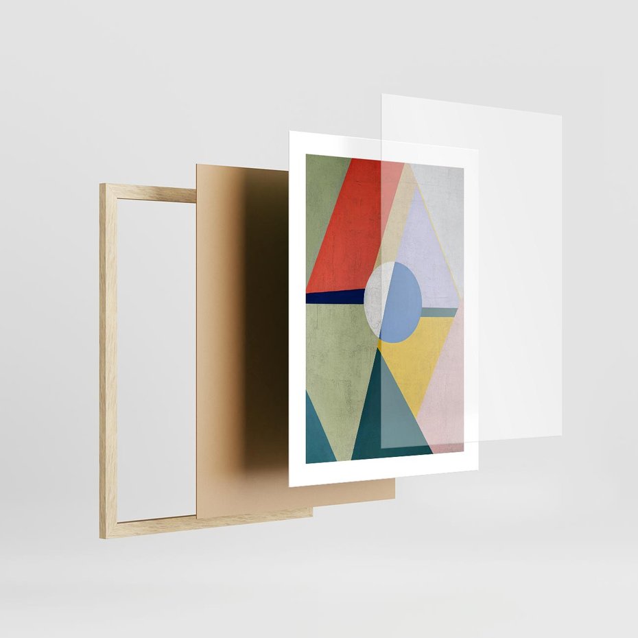 Plakat w ramie 30x40 - Taniec Subtelnych Odbić - abstrakcyjne geometryczne kształty, olejny obraz - rama drewno