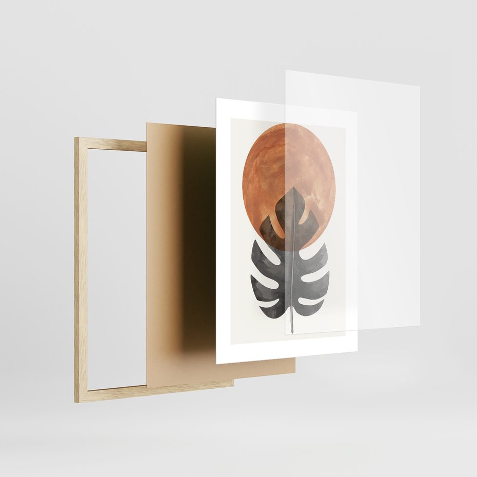 Zestaw obrazy w ramie 40x50 galeria - Monstera, boho, linie, minimalizm - rama drewno