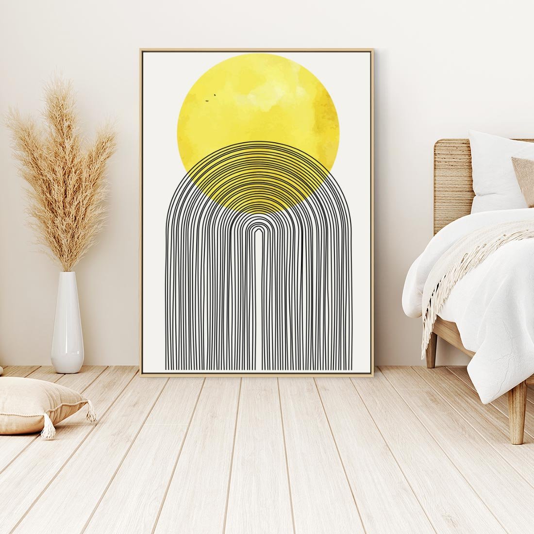 Obraz w ramie 80x120 - Słoneczne Odbicia - geometria, żółte koło - rama drewno