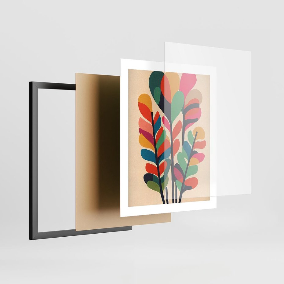 Plakat w ramie 40x50 - Symfonia Wzrokowych Impresji - abstrakcyjny kolorowy tęczowy obraz, inspiracje roślinne - rama czarna