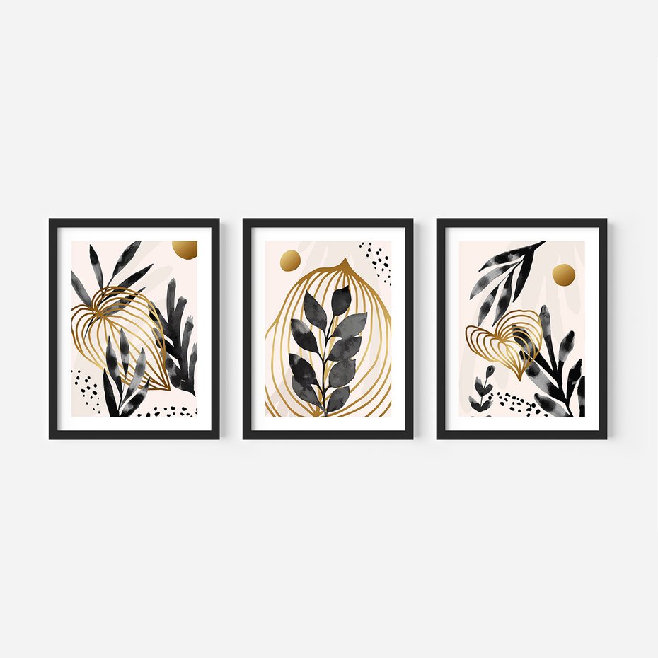 Zestaw obrazy w ramie 30x40 galeria - Złoto, liście, akwarele - rama czarna