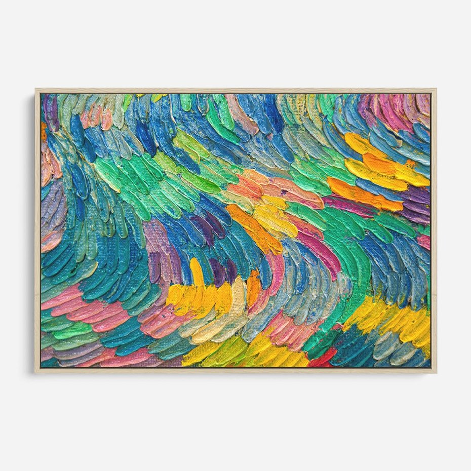 Obraz w ramie 100x70 - Egzotyczne Pióra - abstrakcyjne dzieło, farby olejne - rama drewno