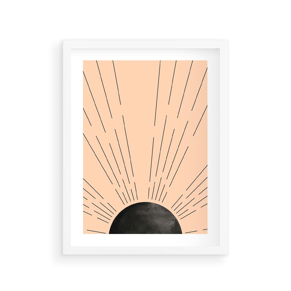 Plakat w ramie 30x40 - Migocące Kształty Promieni - boho czarne słońce, nowoczesna grafika - rama biała