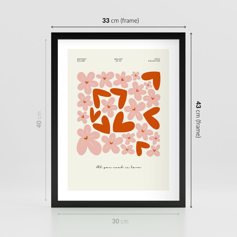 Plakat w ramie 30x40 - Miłość w Kompozycji - grafika, kompozycja kwiaty i serca - rama czarna