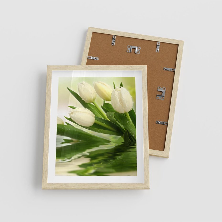 Plakat w ramie 40x50 - Białe Piękno - białe, tulipany - rama drewno
