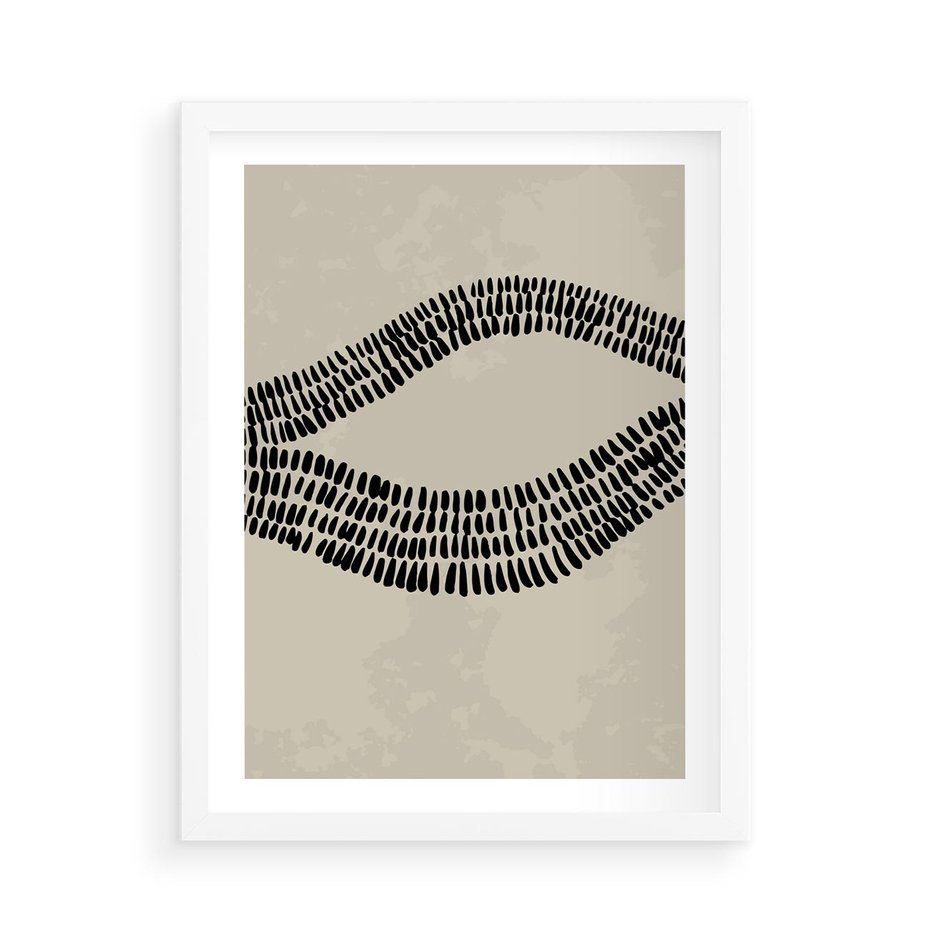 Plakat w ramie 50x70 - Kontury Ewolucji Materii - boho plakat, czarne kropki kreski - rama biała