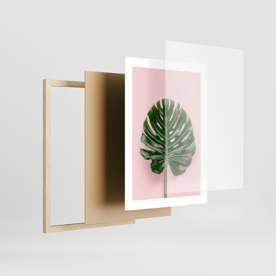 Plakat w ramie 30x40 - Monstera w Różowym Świetle - liść monstery, różowe tło - rama drewno