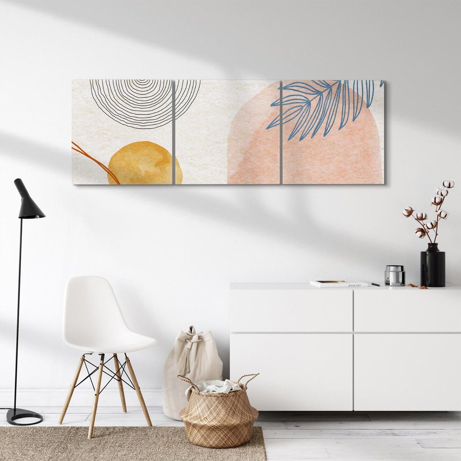 Obraz na płótnie 90x30 - Liście i Geometrie - nowoczesny, akwarelowe plamy