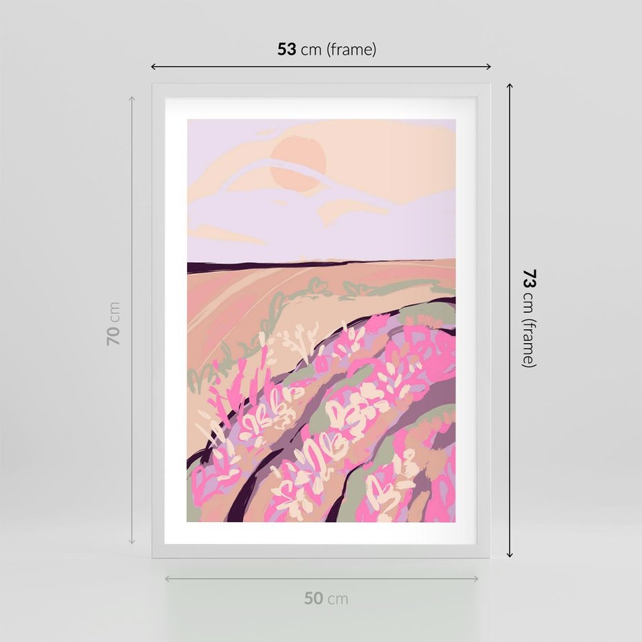 Plakat w ramie 50x70 - Harmonijny Świt - pastelowy krajobraz, nowoczesny plakat - rama biała