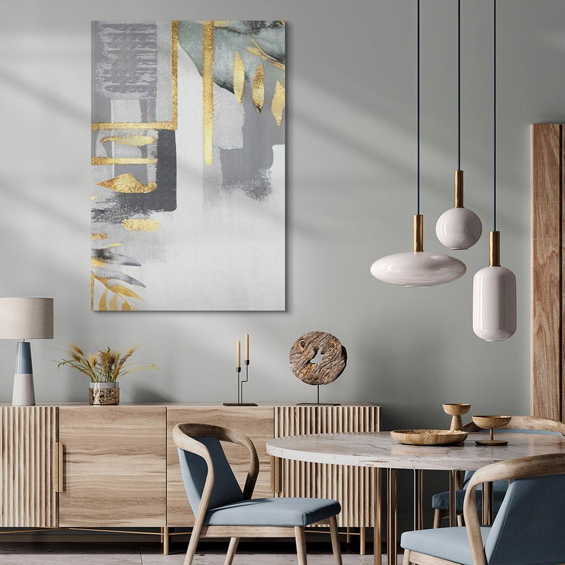Obraz na płótnie 80x120 - Złote Palmy w Stylu Modern - geometryczne złote linie, szare tło