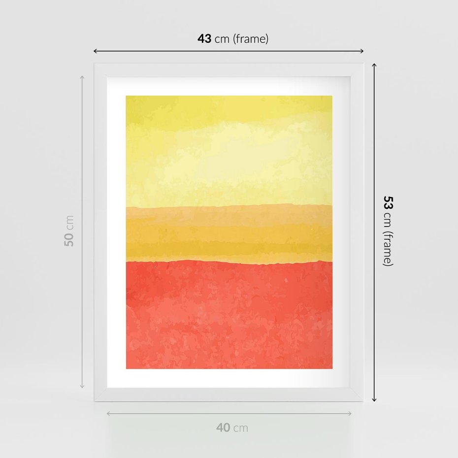 Plakat w ramie 40x50 - Rozmyte Odbicia - kolorowe akwarelowe pasy, odcienie żółci i czerwieni - rama biała