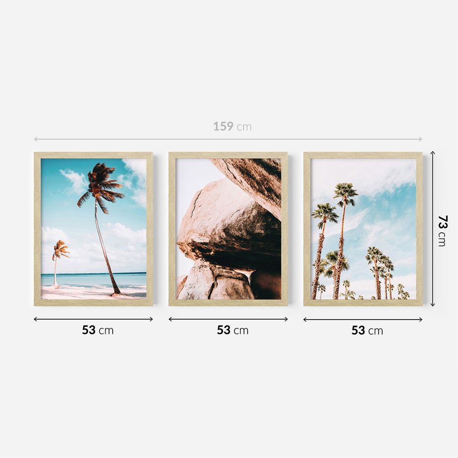 Zestaw obrazy w ramie 50x70 galeria - Palmy, plaża, morze, skały, lato - rama drewno
