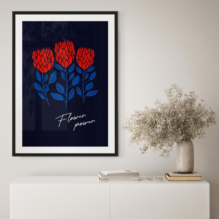 Plakat bez ramy 50x70 - Podróżne Barwy - czerwone abstrakcyjne kwiaty, granatowe tło