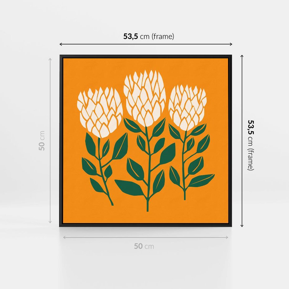 Obraz w ramie 50x50 - Kolorowe Impresje - abstrakcyjna kwiatowa kompozycja, żółte mocne tło - rama czarna