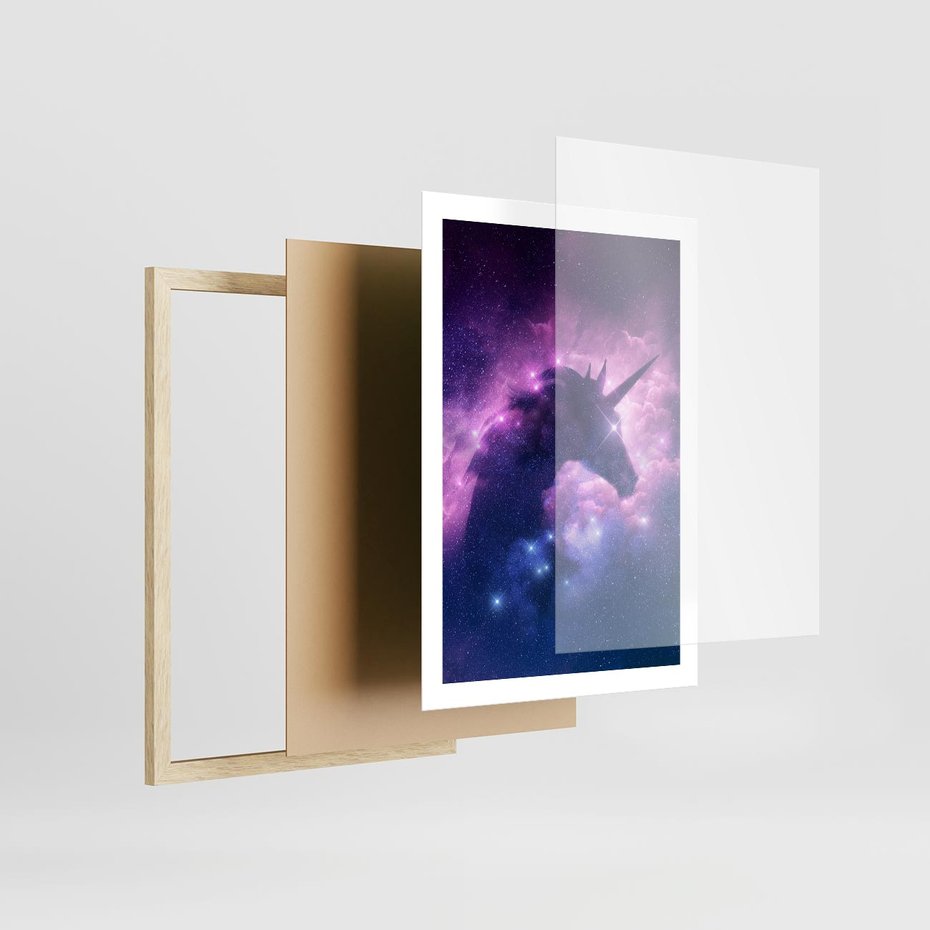 Plakat w ramie 50x70 - Mityczna podróż - kosmos, jednorożec - rama drewno
