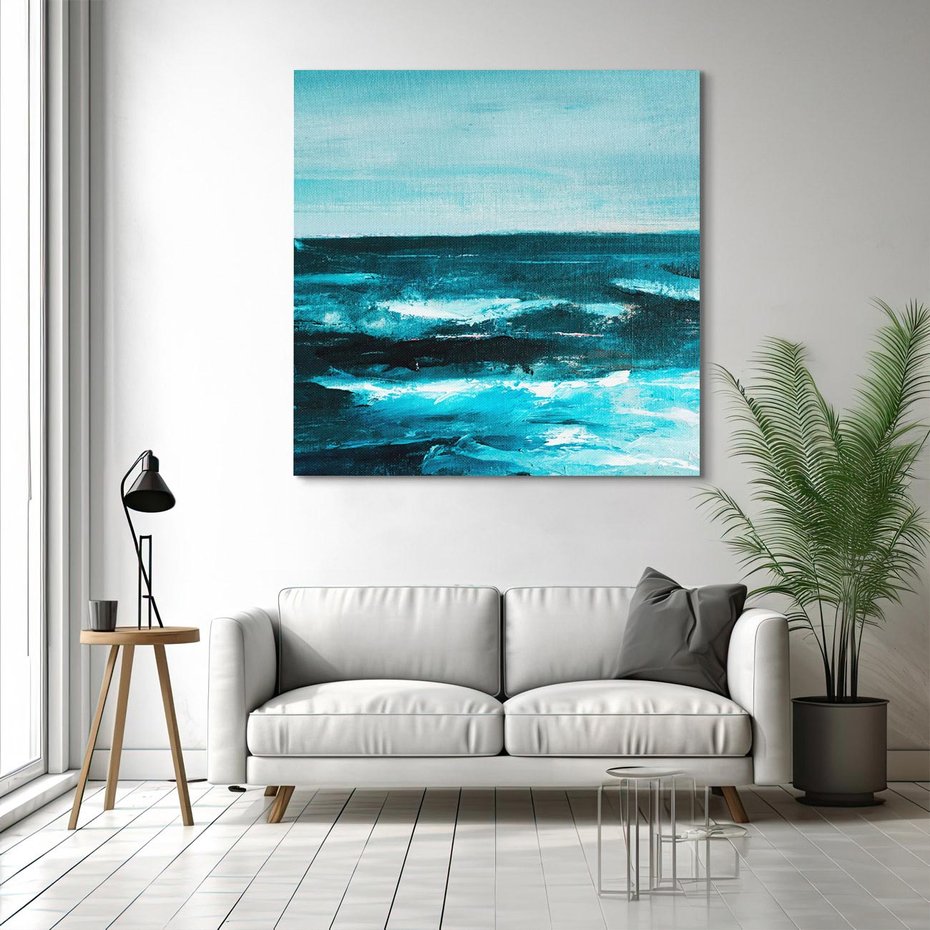 Obraz na płótnie 40x40 - Burza Nad Granatowym Oceanem - piękny marynistyczny obraz olejny, wzburzone ciemne morze