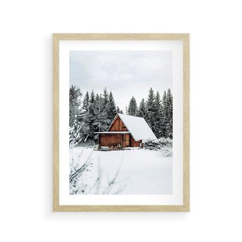 Plakat w ramie 50x70 - Ujęcie zimy w Górach - domek w górach w zimie, śnieg - rama drewno