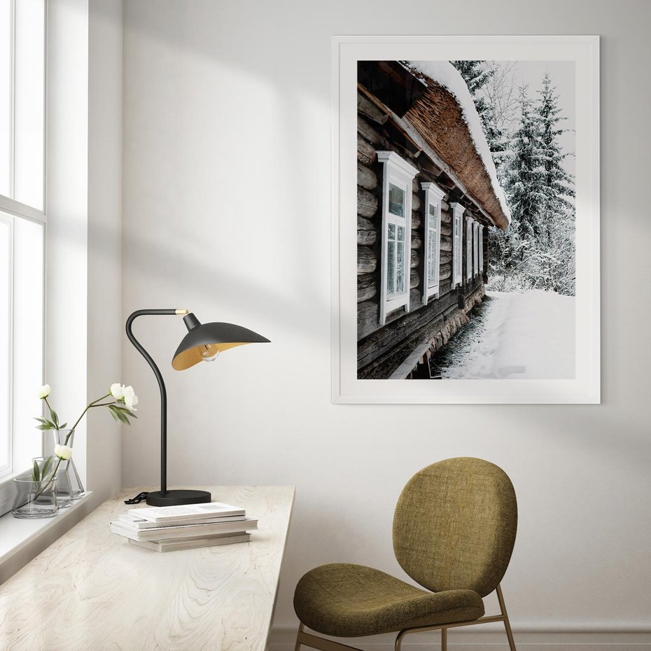 Plakat w ramie 40x50 - Cicha Zima - zima, domek w górach - rama biała