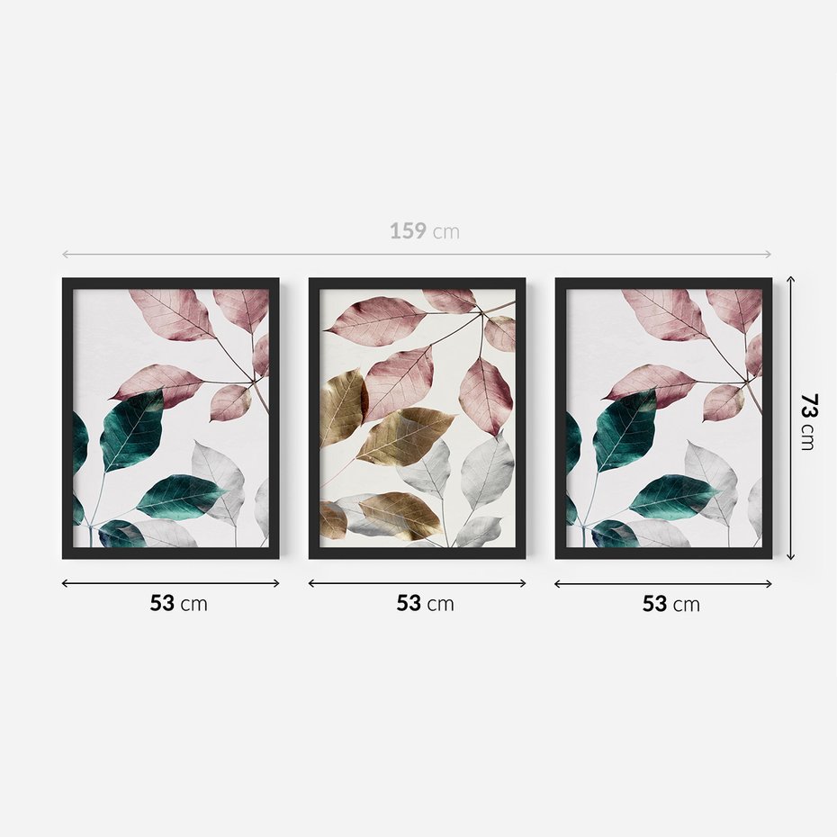 Zestaw obrazy w ramie 50x70 galeria - Liście, srebrne, złote, minimalizm - rama czarna