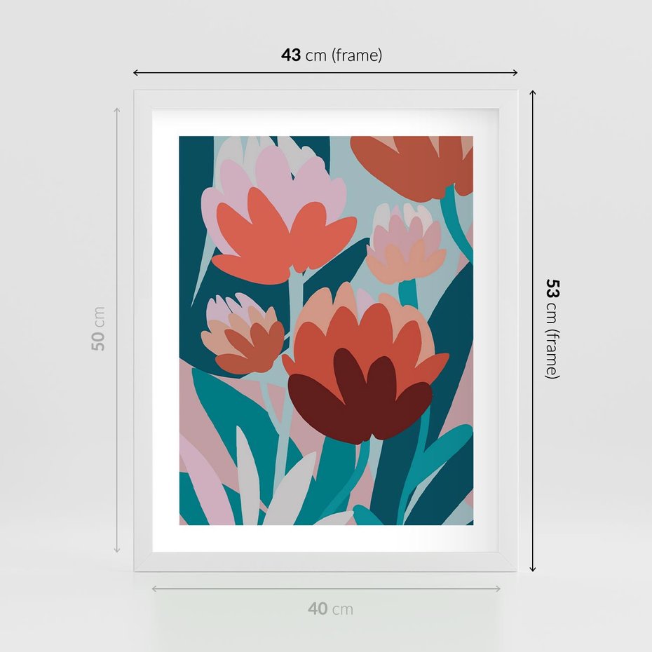 Plakat w ramie 40x50 - Symfonia Kwiatów - abstrakcyjna kompozycja kwiatowych form, kolor zgaszone - rama biała