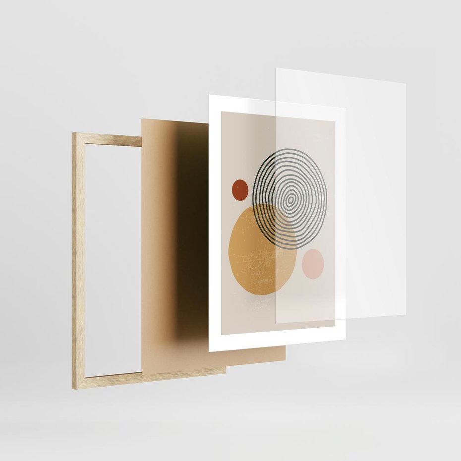 Plakat w ramie 30x40 - Boho Światło - abstrakcyjna sztuka, boho kształty - rama drewno