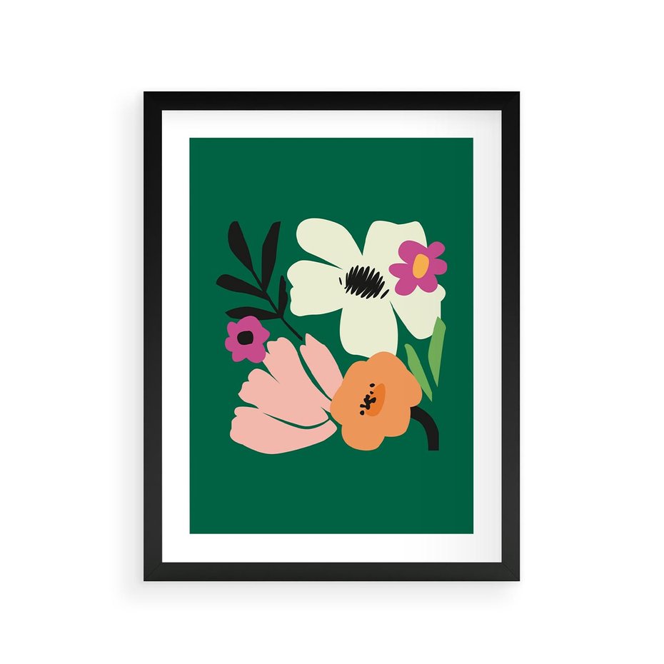 Plakat w ramie 30x40 - Rozbijające Echa - abstrakcyjne kwiaty, zielone tło - rama czarna