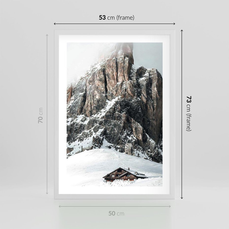 Plakat w ramie 50x70 - Górski Raj z Chatką - górskie szczyty, ośnieżone góry - rama biała