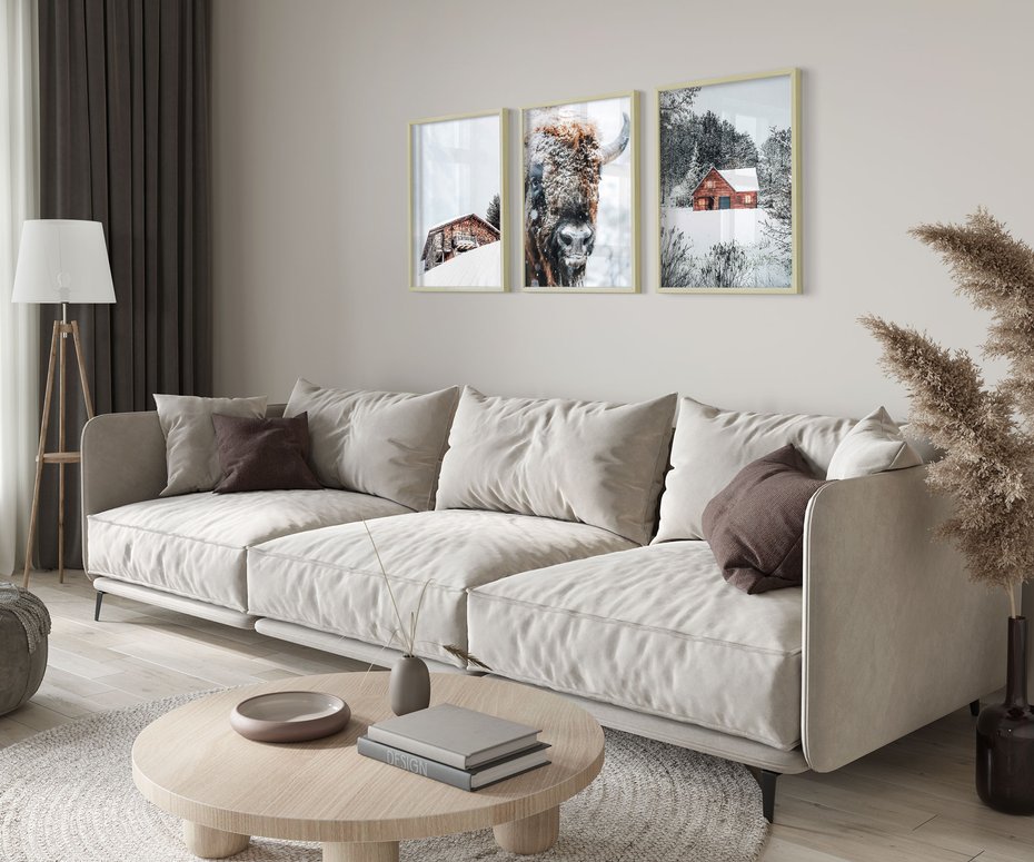 Zestaw obrazy w ramie 50x70 galeria - Zima, bizon, góry, śnieg - rama drewno