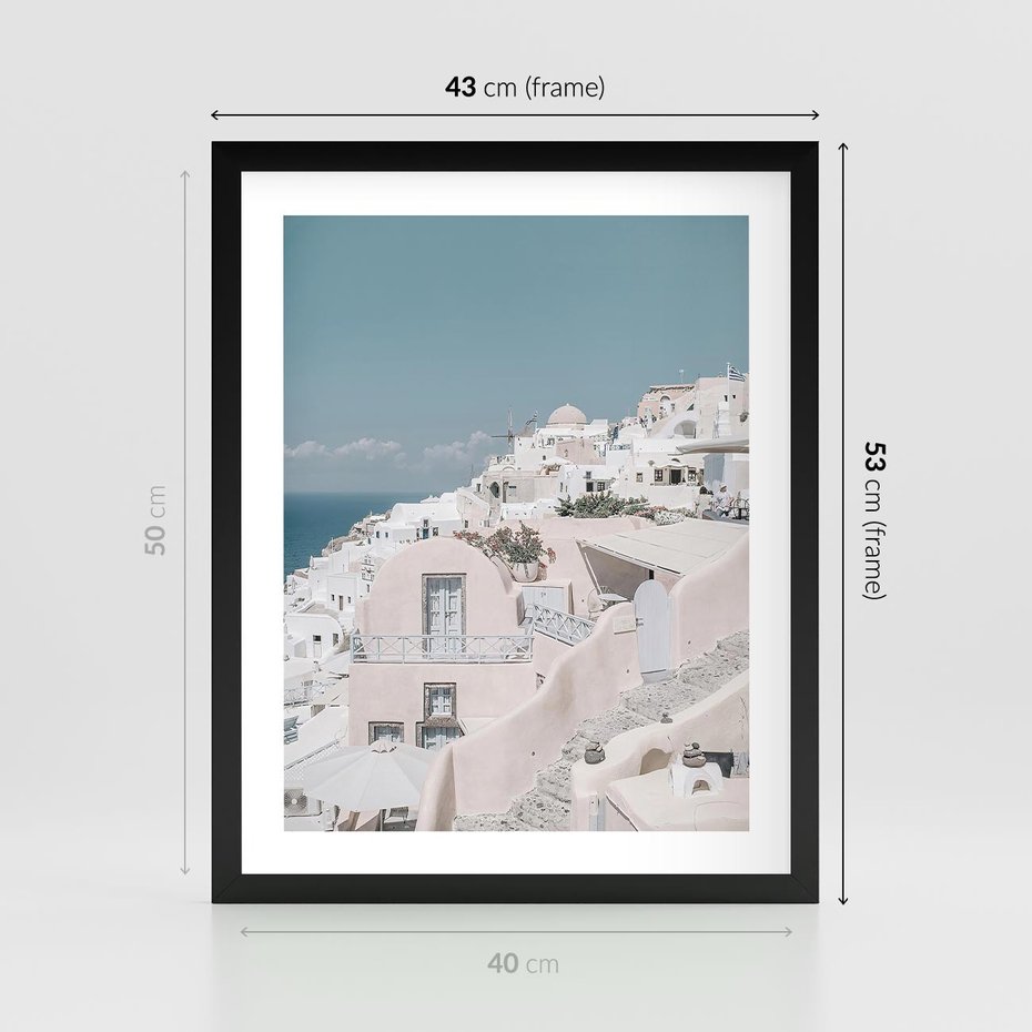 Plakat w ramie 40x50 - Śródziemnomorski Urok - zdjęcie Santorini, białe budynki - rama czarna