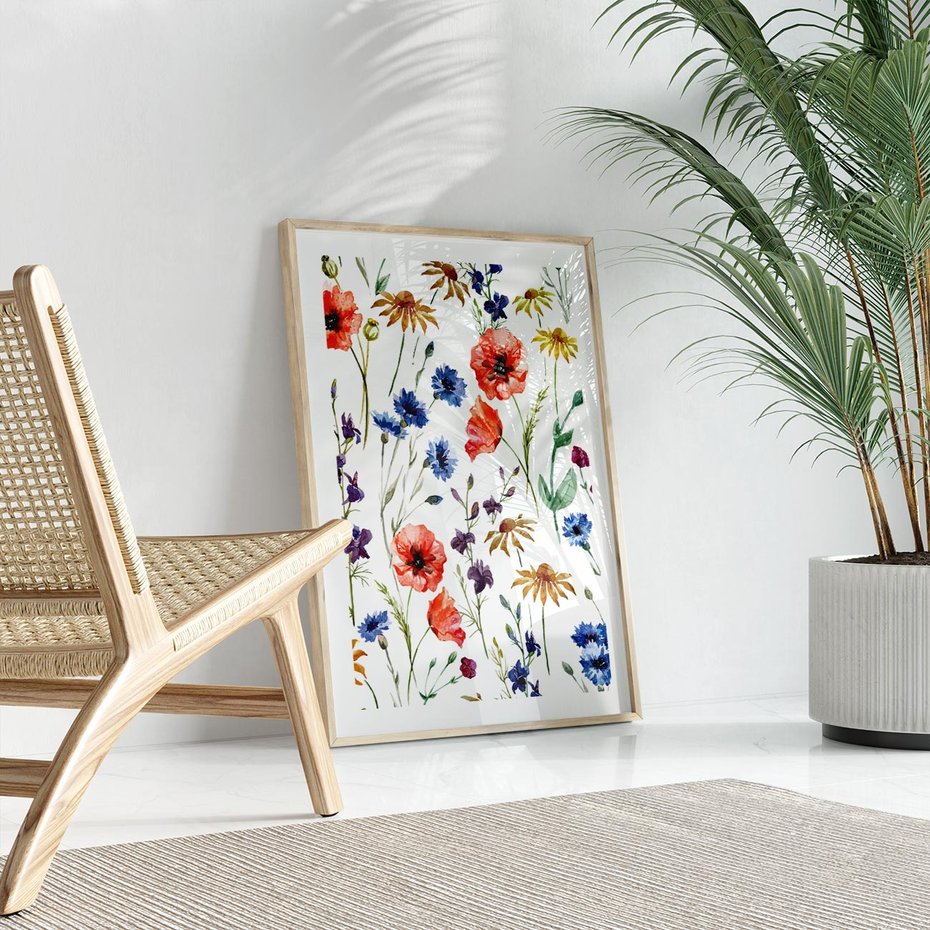 Plakat w ramie 40x50 - Kwiatowe radości na łące - kwiaty, łączka - rama drewno