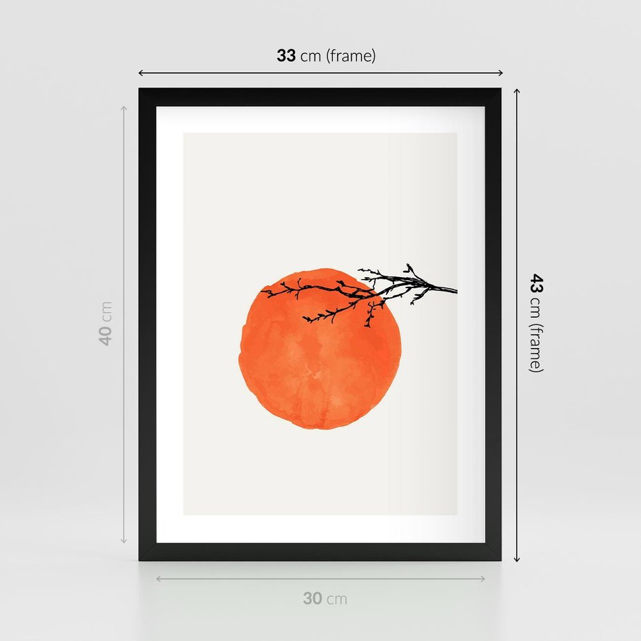 Plakat w ramie 30x40 - Słońce i Gałązka - pomarańczowe słońce, gałązka - rama czarna