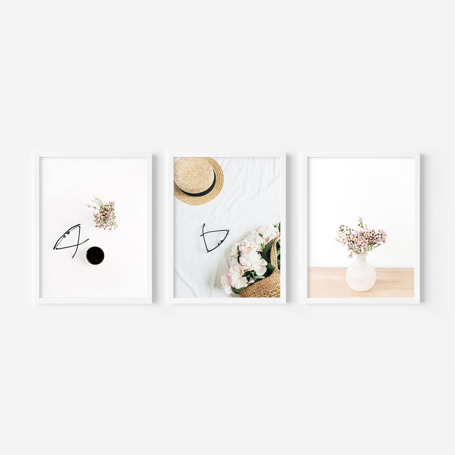 Zestaw obrazy w ramie 40x50 galeria - Kawa, kwiaty, boho, kapelusz - rama biała