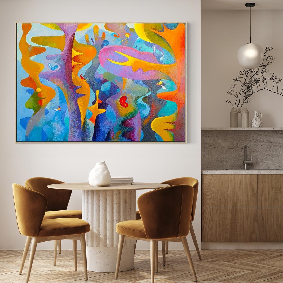 Obraz w ramie 120x80 - Płomienne Tańce Abstrakcji - energetyczna abstrakcja, dziwne formy - rama drewno