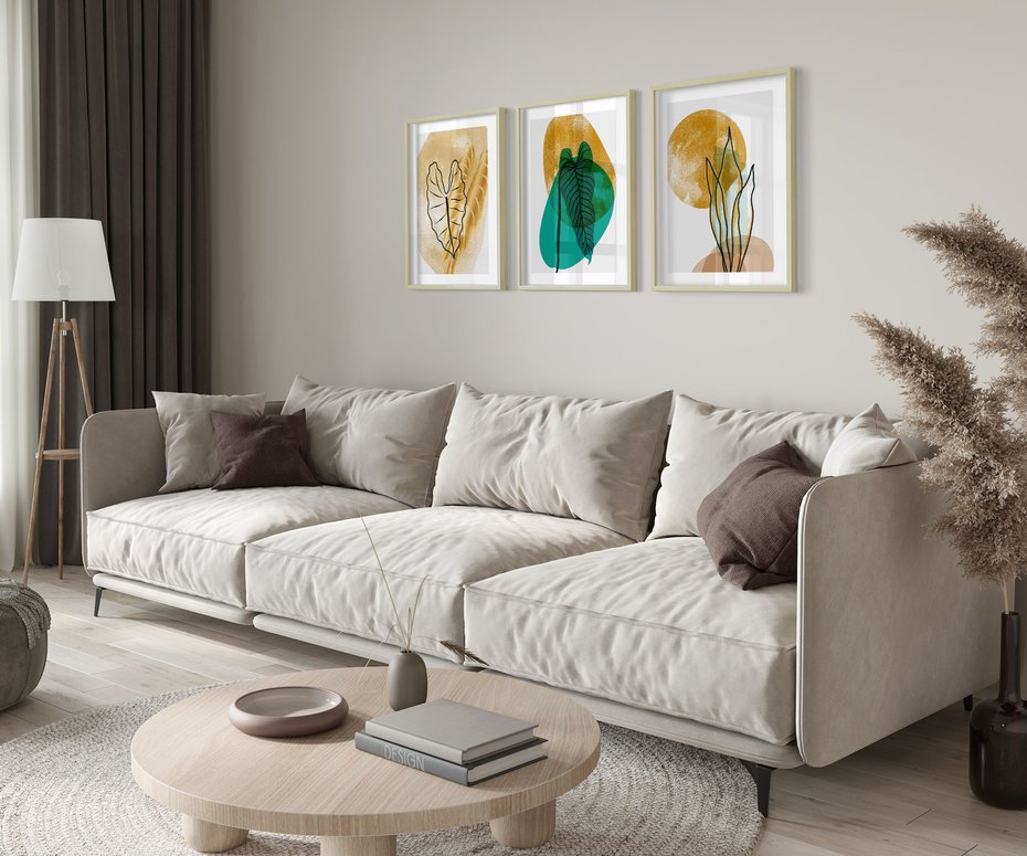 Zestaw obrazy w ramie 40x50 galeria - Złote, liście, monstera, akwarela - rama drewno