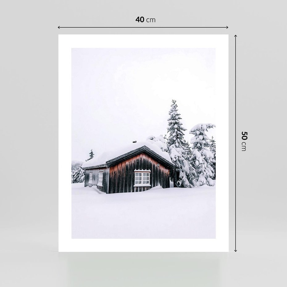 Plakat bez ramy 40x50 - Zimowy Azyl: Domek w Górach - domek w górach, śnieg