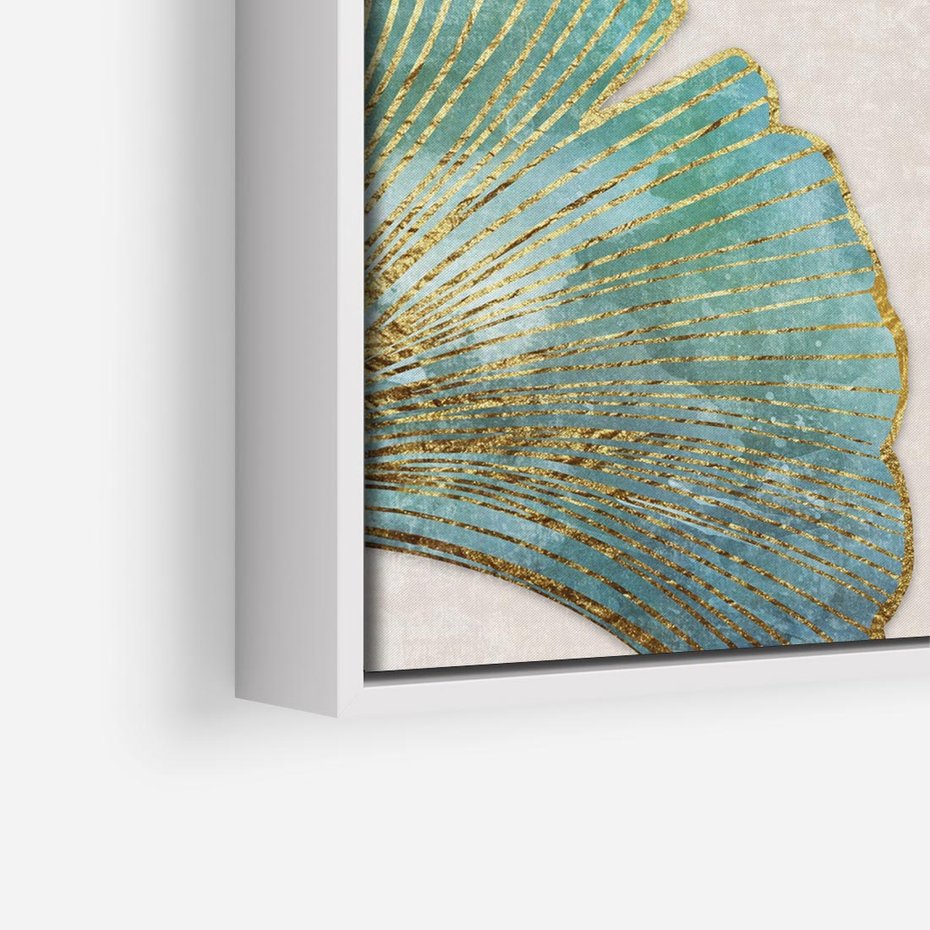 Obraz w ramie 50x50 - Złota Melodia Liści - złote, turkusowe liście miłorzębu - rama biała