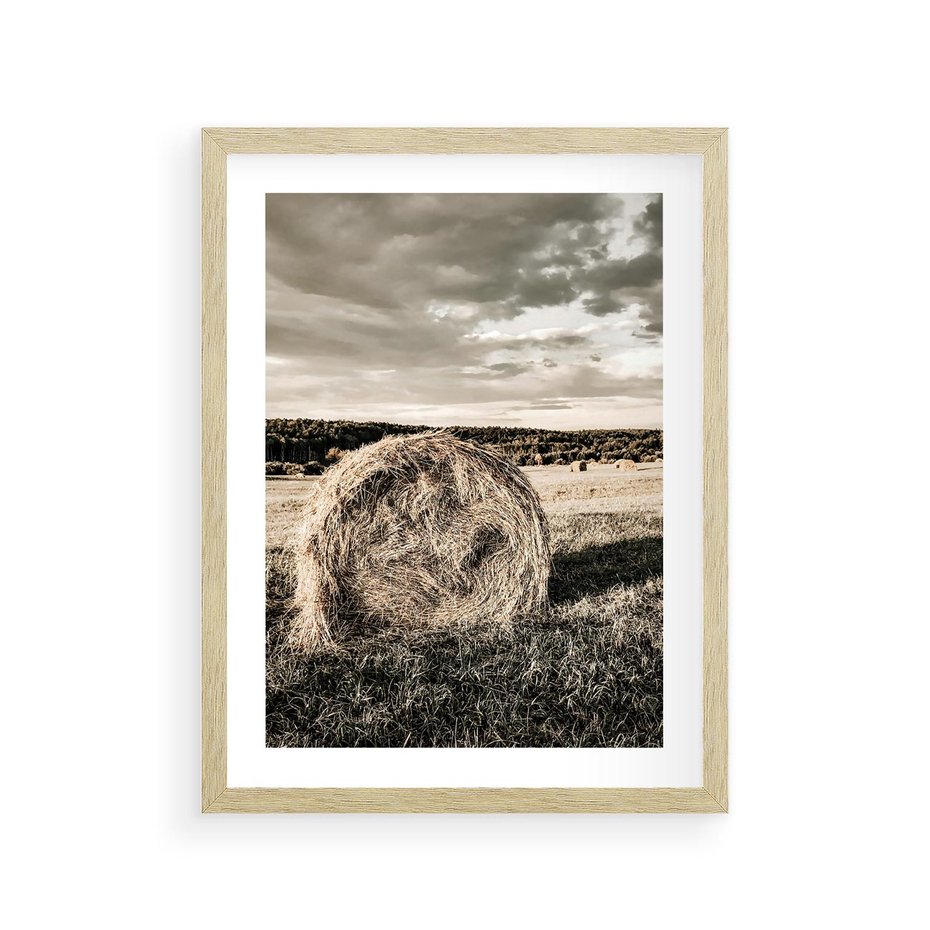 Plakat w ramie 30x40 - Ciepło Natury - snopki siana, pole - rama drewno