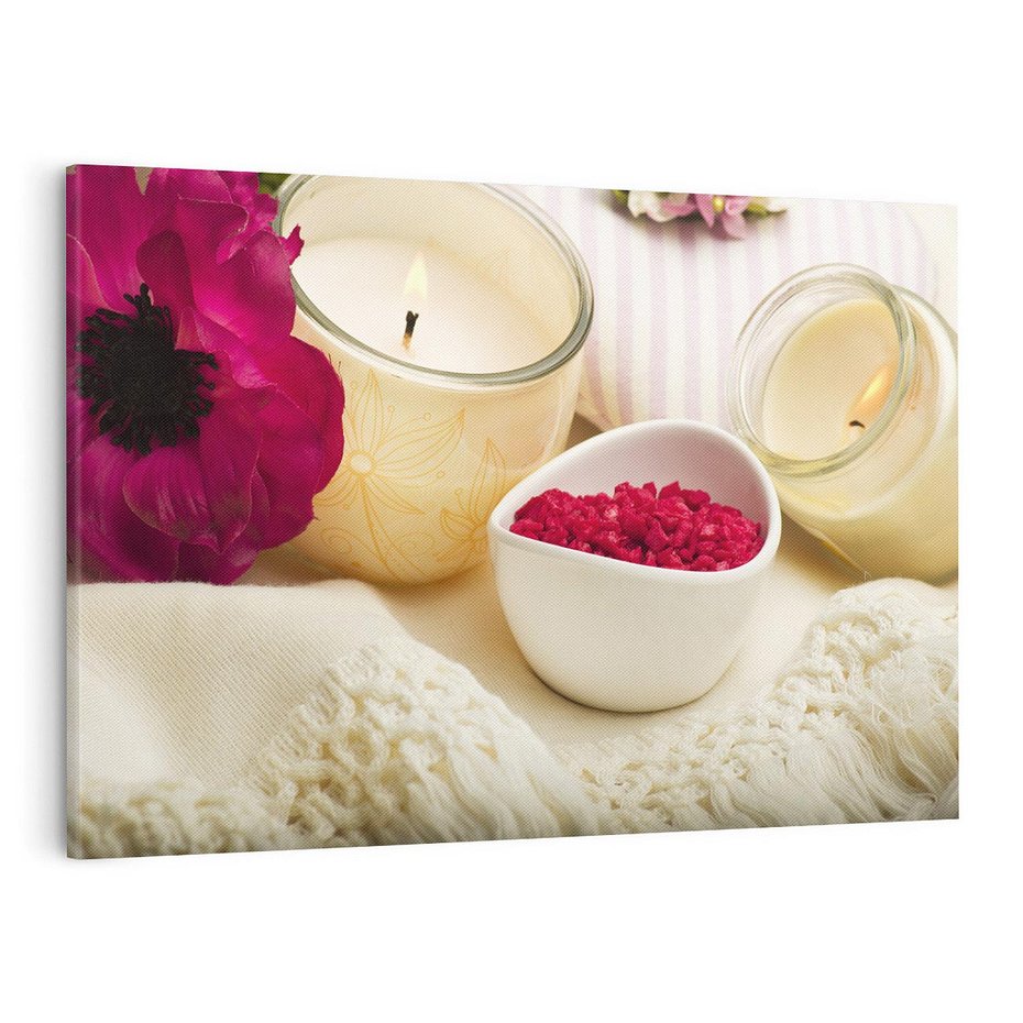 Obraz na płótnie 120x80 - Relaksujący moment: świeczki i kwiaty w SPA - świeczki, kwiat