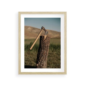 Plakat w ramie 30x40 - Lasowa siła w drewnie - las, siekiera - rama drewno