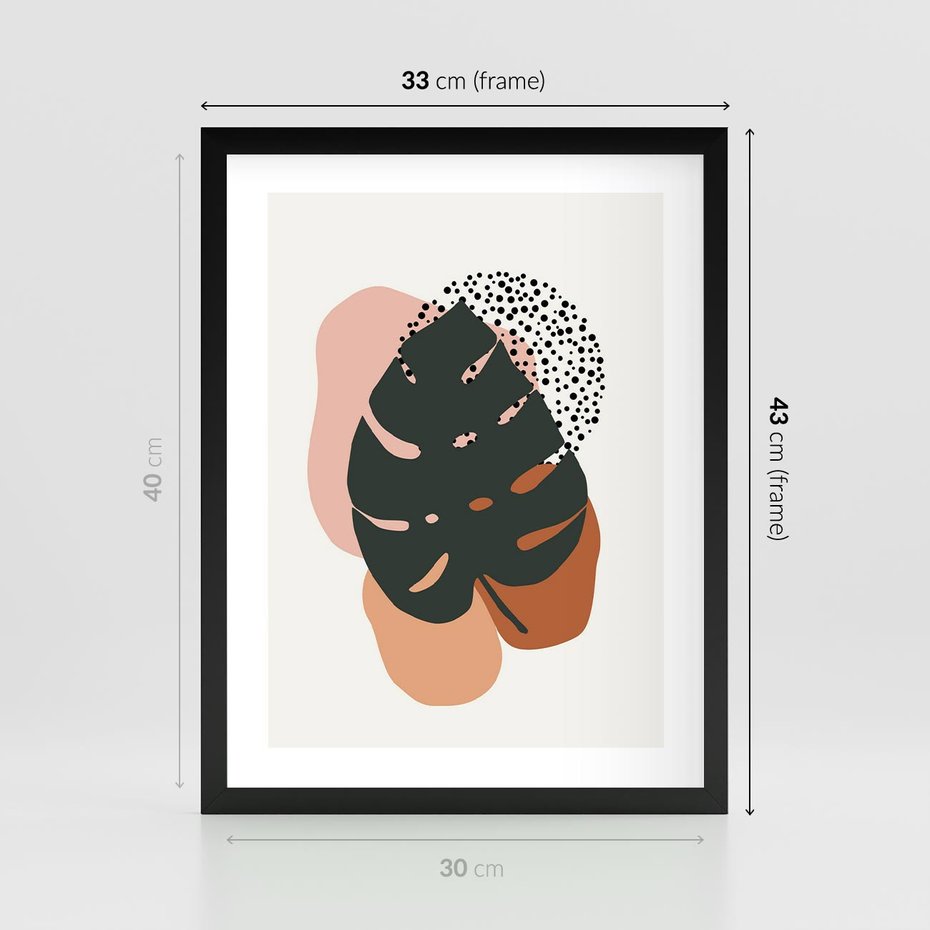 Plakat w ramie 30x40 - Minimalizm w Liściach Monstery: Plamy i Kropki - minimalizm, monstera plamy - rama czarna