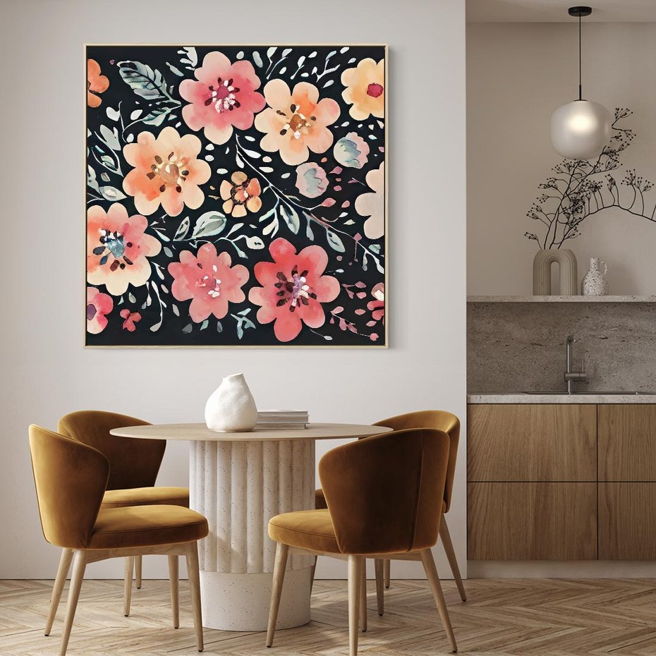 Obraz w ramie 50x50 - Labirynty melancholii - akwarelowe, pastelowe kwiaty na czarnym tle - rama drewno