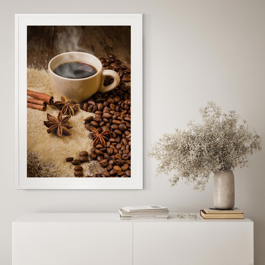 Plakat w ramie 50x70 - Kawowa filiżanka pełna aromatu - kawa, filiżanka - rama biała