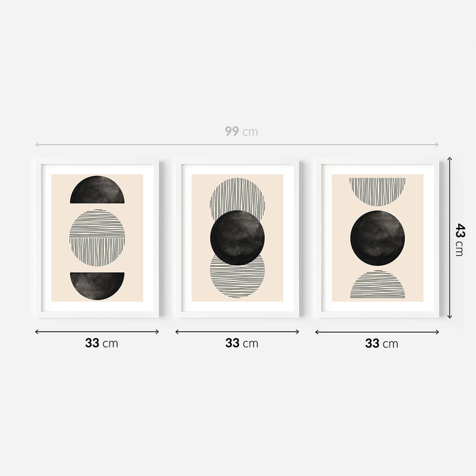 Zestaw obrazy w ramie 30x40 galeria - Geometryczne, grafiki, czarno, biały - rama biała