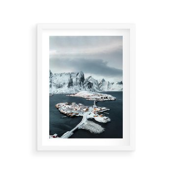 Plakat w ramie 30x40 - Ciepło i Urok Północy - skandynawskie, domki - rama biała
