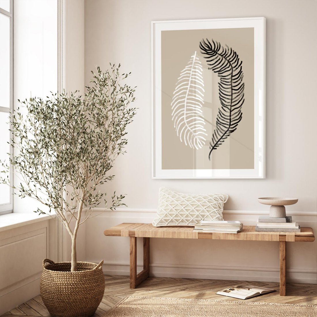 Plakat bez ramy 50x70 - Spleciona Harmonia - sztuka nowoczesna, białe i czarne pióro